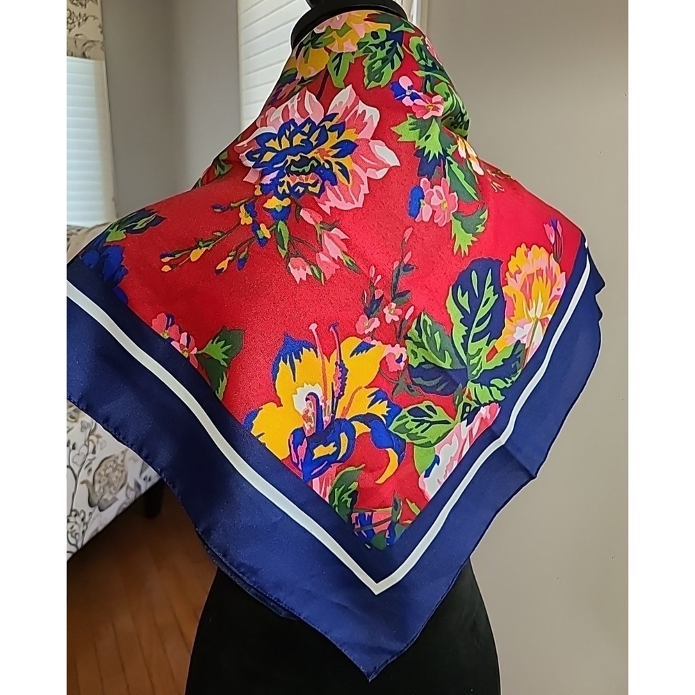 Berkshire‎ Scarf Foral Pink Navy Red Green Square 30" Polyester Made in Italy
